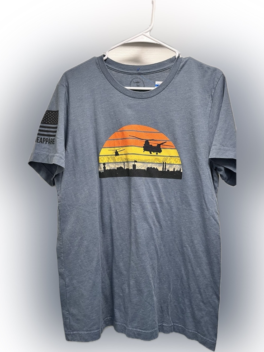 Men's Heather Blue Short-Sleeve Tee with Orange Sunset Helicopter Graphic